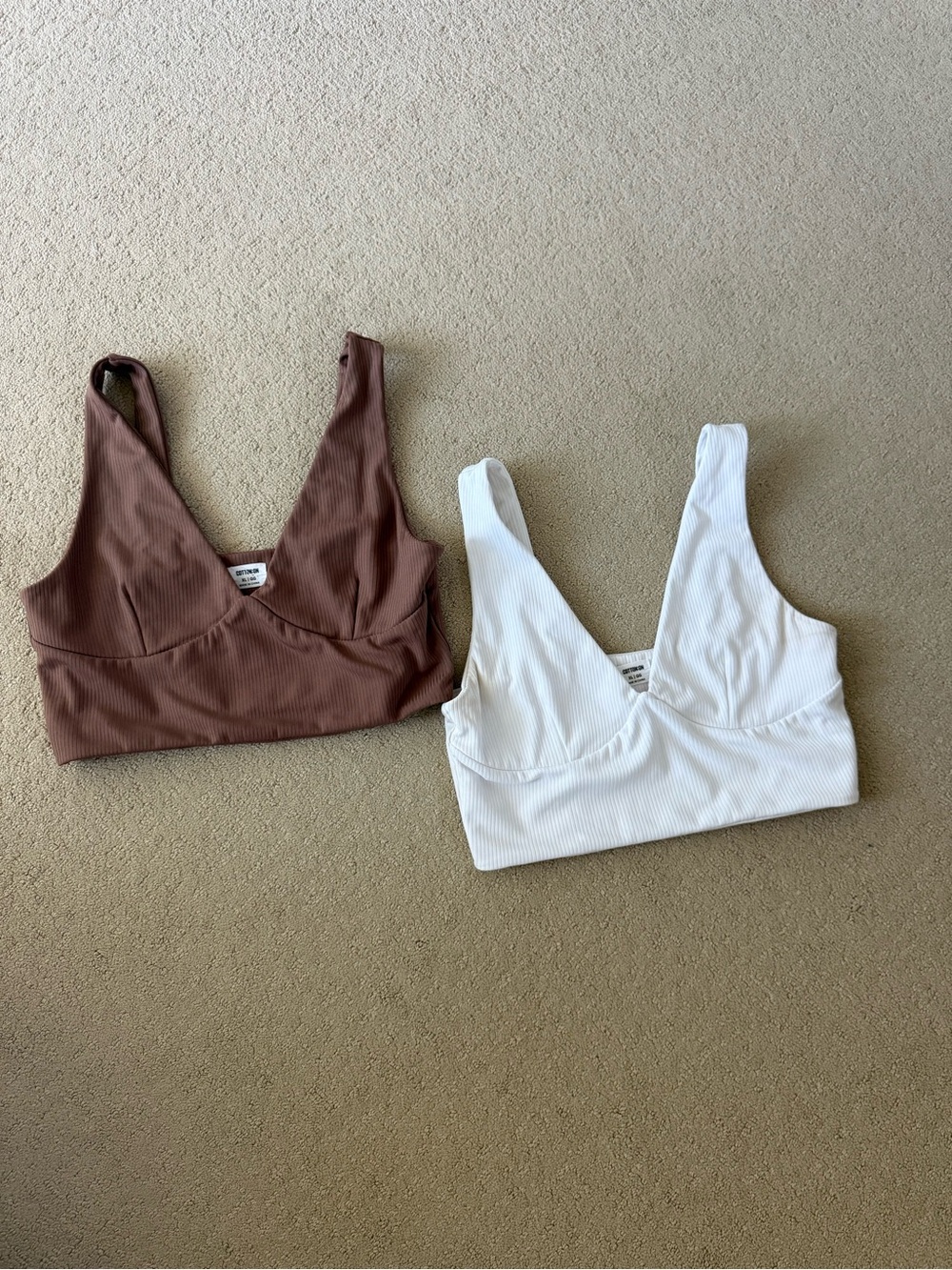 Cotton On Ribbed V-Neck Bralettes — White & Brown